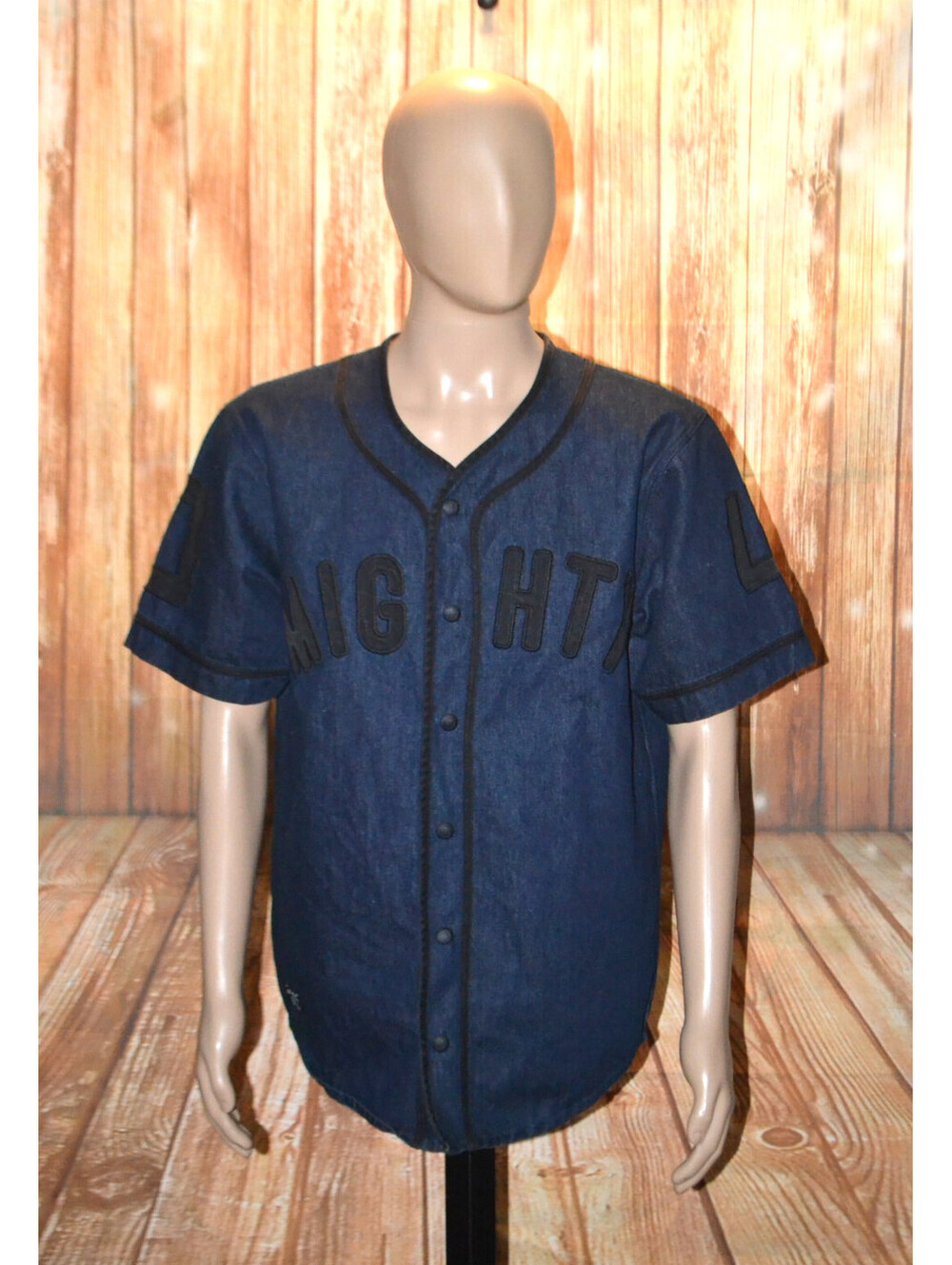 Mighty Healthy Men Logo Patched Snap Button Blue Denim Short Sleeve Shirt Sz L